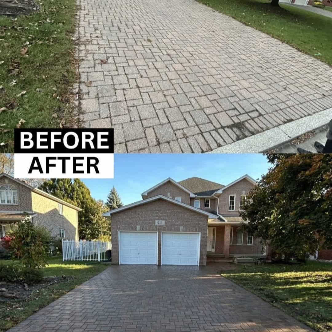 BeforeAfter paver driveway refinish Before/After paver driveway refinish photo showing a massive restoration, transforming a faded, dirty paver driveway into a rich, clean hardscape.